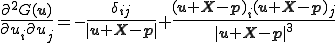 \frac{\partial^2 G(\b{u})}{\partial u_i\partial u_j} =  -\frac{\delta_{ij}}{|\b{u}+\b{X}-\b{p}|}+\frac{(\b{u}+\b{X}-\b{p})_i(\b{u}+\b{X}-\b{p})_j}{|\b{u}+\b{X}-\b{p}|^3}