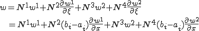 w = N^1 w^1 + N^2 \frac{\partial w^1}{\partial\xi} + N^3 w^2 + N^4 \frac{\partial w^2}{\partial\xi}\\\;\; = N^1 w^1 + N^2 (b_i-a_i)\frac{\partial w^1}{\partial x} + N^3 w^2 + N^4 (b_i-a_i)\frac{\partial w^2}{\partial x}