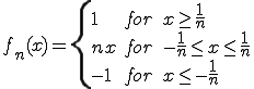 f_n(x)=\{\begin{array}{ll}1&for\quad x\ge \frac{1}{n}\\ nx&for\quad-\frac{1}{n}\le x\le \frac{1}{n} \\ -1&for\quad x\le -\frac{1}{n} \end{array}