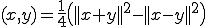 (x,y)=\frac{1}{4}\(||x+y||^2-||x-y||^2\)