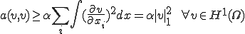 a(v,v)\ge\alpha\sum_i\int(\frac{\partial v}{\partial x_i})^2dx=\alpha|v|^2_1\qquad \forall v\in H^1(\Omega)